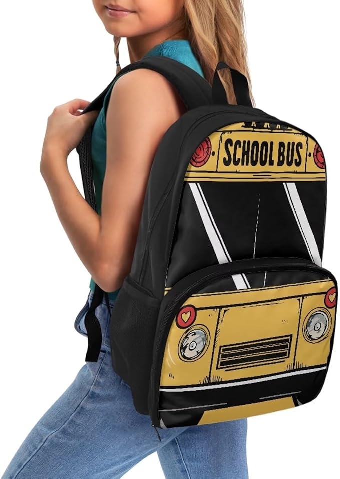 School Bus 17 Inch Kids Casual Backpacks with Insulated Cooler Lunch Compartment Lightweight Elementary Students Knapsack Primary Middle High School Bookbag