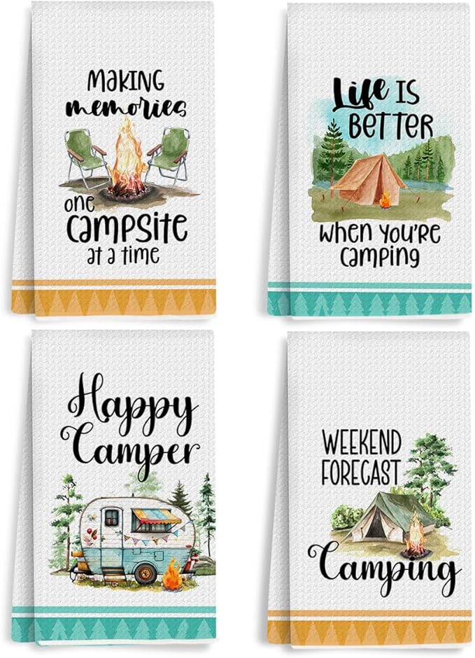 4Pcs Camping Kitchen Towels 24x14 Inch, Bonfire Forest Tent Rv Decor Waffle Weave Dish Towels for Kitchen, White Absorbent Microfiber Hand Tea Towel, Novelty Camping Gifts for Women Campers