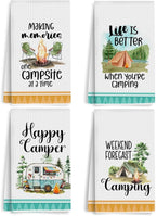 4Pcs Camping Kitchen Towels 24x14 Inch, Bonfire Forest Tent Rv Decor Waffle Weave Dish Towels for Kitchen, White Absorbent Microfiber Hand Tea Towel, Novelty Camping Gifts for Women Campers