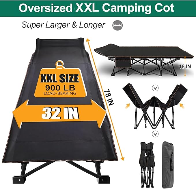 LILYPELLE 2 Pack Folding Camping Cot W/Mattress, 78" L x 32" W x 18" H Cot Bed, Heavy Duty Wide Camping Cot XXL for Adults, Portable Sleeping Cot Bed for Travel Camping/Office, Home Nap