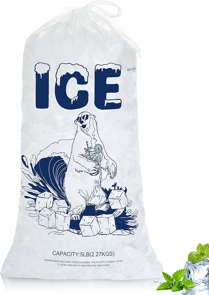 5lb Ice Bags with Drawstring – 50 Pack Reusable Heavy-Duty Plastic Ice Cube Bags for Freezer, Ice Maker, Coolers, Camping, Storage, Leak-Resistant & Food Safe