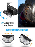 Lsnisni 9 LED Headlamp 2 Pack, 2000 Lumen Super Bright Head Lamp with 6 Modes, IPX5 Waterproof Head Light, Lightweight Head Flashlight for Kids Adults Camping Hiking - 6 AAA Batteries Included