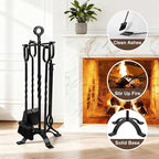 AMAGABELI GARDEN & HOME 5 Pieces Fireplace Tools Set Indoor Wrought Iron Fire Place Pit Large Poker Wood Stove Log Firewood Tongs Holder with Handles Modern Black Outdoor Accessories Kit