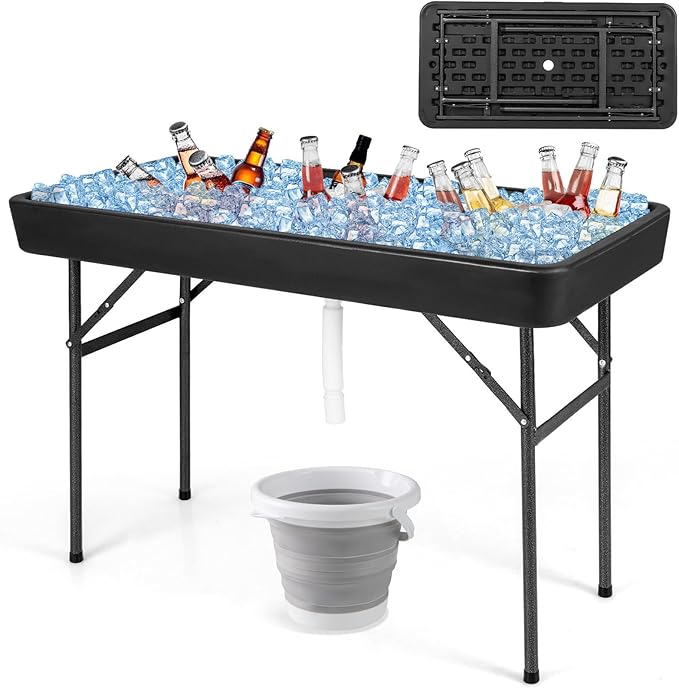 Giantex 4 FT Folding Ice Cooler Table with Drain & Bucket, Removable Skirt, No Assembly, Portable Fill and Chill Table for Food Drink Beverage, Foldable Party Ice Bin for Camping BBQ, Black