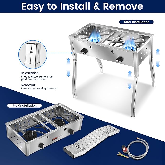 ARC Double Burner Propane Stove, Stainless Steel Camping Stove with 150,000 BTU/H, Easy-Assemble, 20PSI Regulator and Hose, Ideal for Outdoor Cooking,Camping and Gatherings (Stainless Steel)