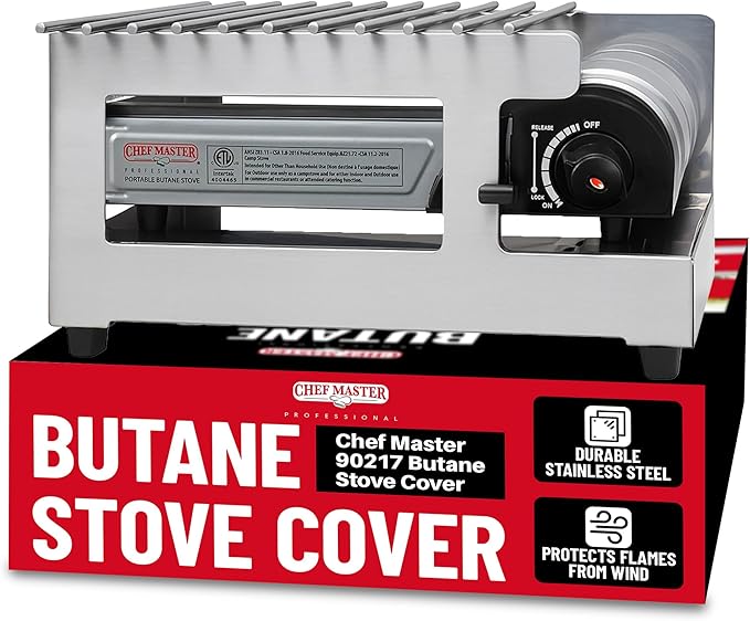 Chef Master Butane Stove Cover - Premium Stainless Steel Universal Fit - Any Standard Size Camping Stove - Portable Screen & Camping Wind Blocker - Camp Essentials for Outdoor & Indoor Cooking 90217