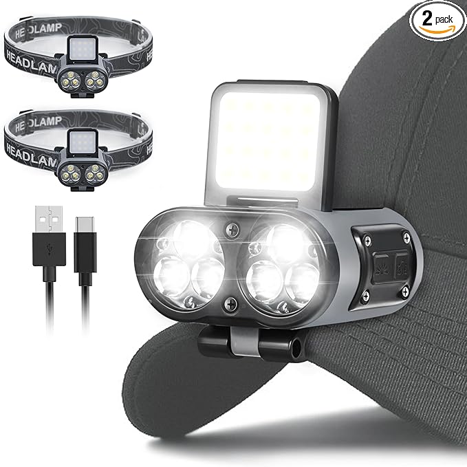 2 Pack LED Hat Clip Lights, 900LM Dimmable Rechargeable Cap Flashlight, 180° Adjustable Headlamp with Zoom & Floodlight, Waterproof Hat Light for Running, Camping, Fishing, Hiking, Emergency (Black)