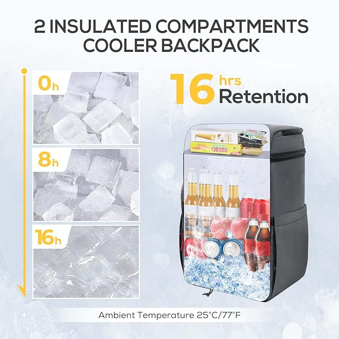 TOURIT Insulated Backpack Cooler with 2 Compartments, 30 Can Capacity, Leakproof Waterproof Thermal Bag for Beach Camping Travel