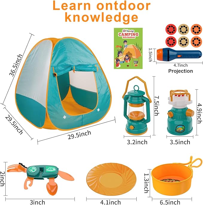 Kids Camping Set Pop Up Play Tent & Space Projector Flashlight- Outdoor Campfire Toy for Toddlers Kids - Pretend Play Camp Gear Tools for Birthday Christmas