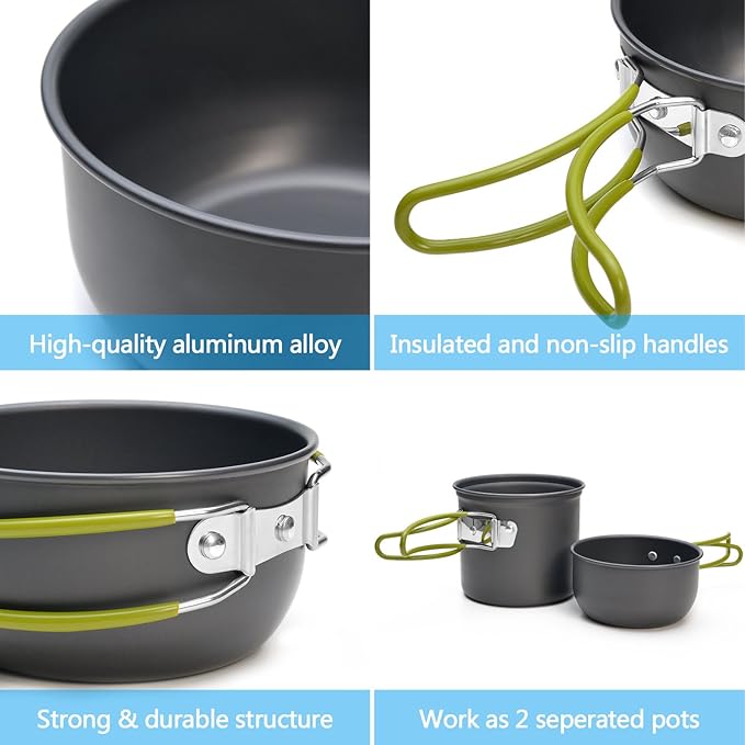 Odoland Camping Cookware Stove Carabiner Canister Stand Tripod and Stainless Steel Cup, Tank Bracket, Fork Spoon Kit for Backpacking, Outdoor Camping Hiking and Picnic