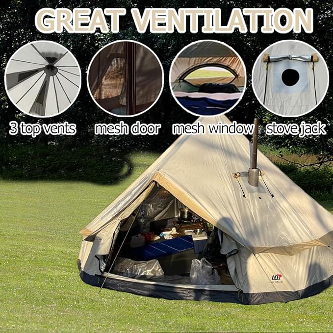 Backpacking Bell Tent with Top Stove Jack for All Year Living, 300D Oxford Waterproof Yurt Tents House for Camping Glamping, Parties, Outdoor Events-13/16.4FT
