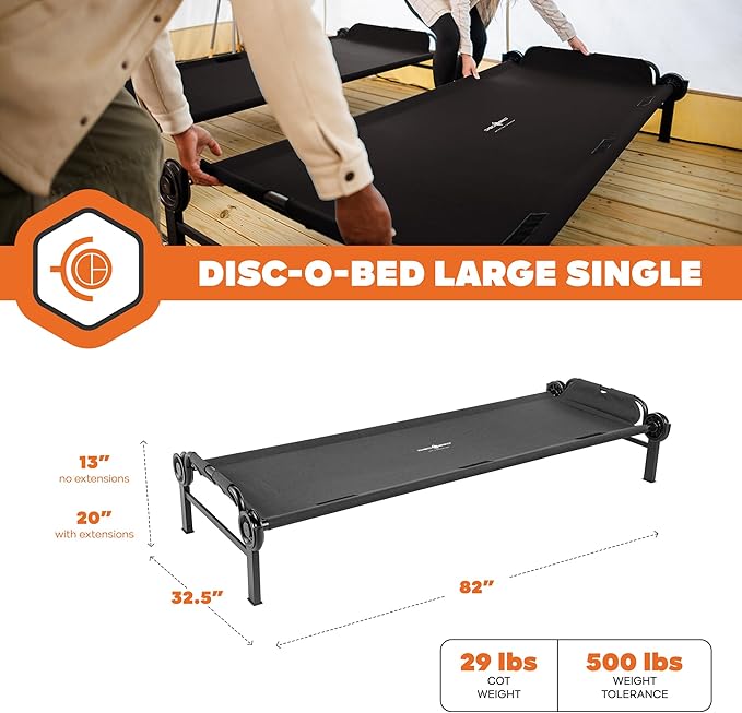 Disc-O-Bed Large Outdoor Modular 1 Person Single Camping Cot Portable Bed for Adults, Sleep Solution for Tents, Black