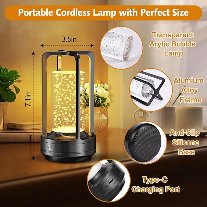 Portable Table Lamp for Outdoor Indoor: Cordless Rechargeable Desk Lamp with 3 Color Stepless Dimmable - Metal Battery Operated Lantern Light for Bedroom/Bar/Coffee Shop/Camping (Black (Bubble))