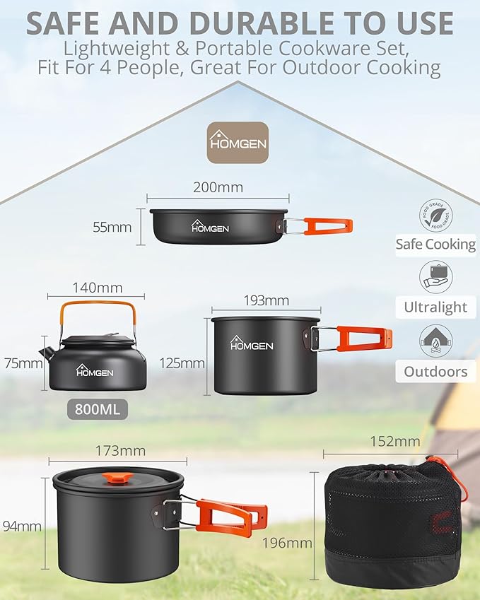 HOMGEN Portable Camping Cookware Set-Lightweight Aluminum Camp Pots and Pans Kit-Comes with Non-Stick Pots/A Frying Pan etc-Complete Camping Mess Kit for Camping/Hiking/Fishing & Other Outdoor Trip