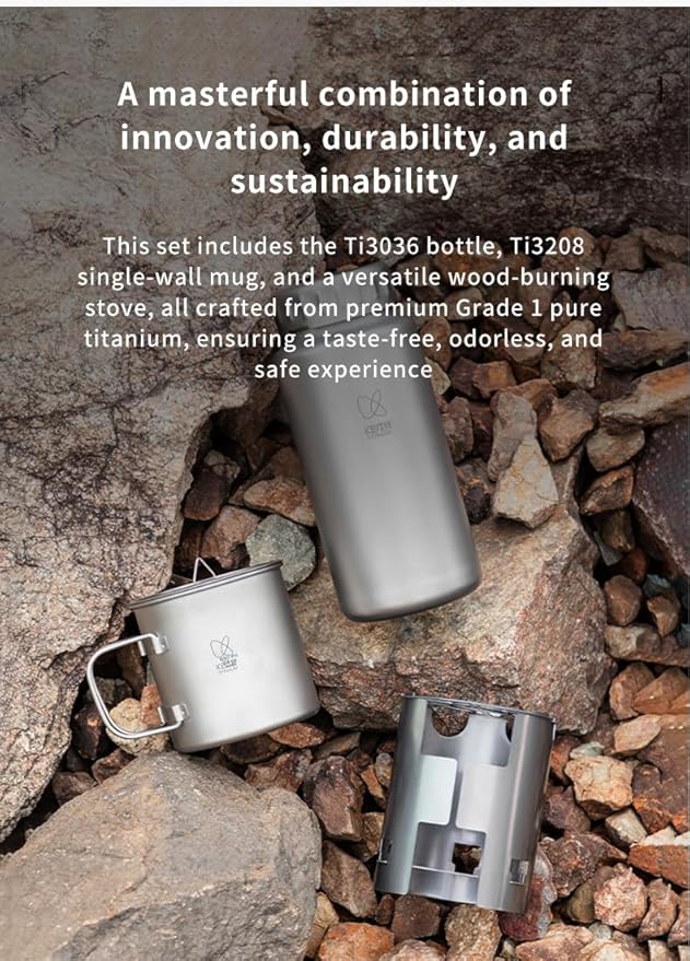 Keith Titanium Ti3070 Nesting Camp Set - Ultralight Plastic-Free Titanium Bottle, Mug & Wood Stove with Canvas Carry Bag - Durable, Portable, and Eco-Friendly for Camping, Hiking & Outdoor Adventures