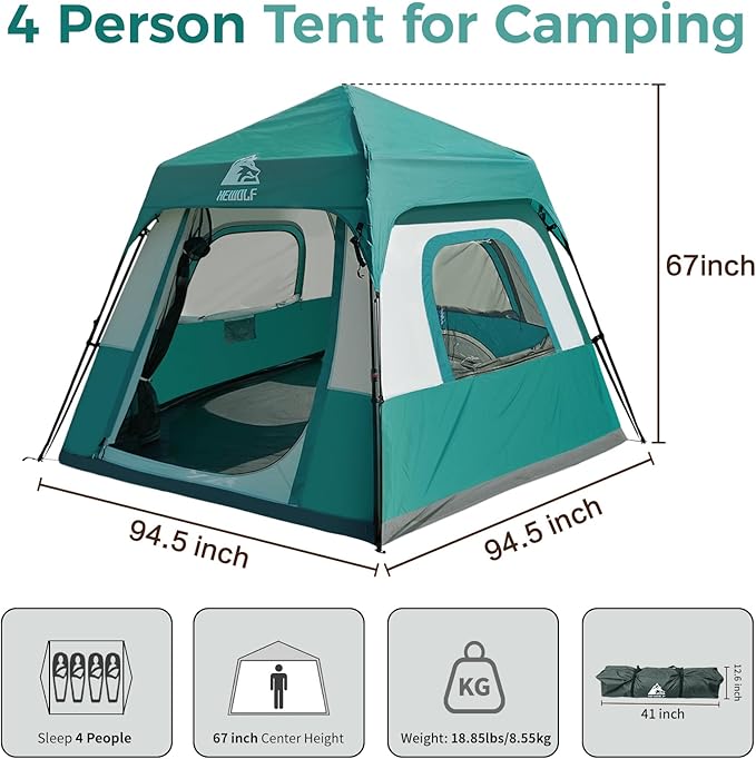 Hewolf Instant Tent for 4-6 Person Camping, Waterproof Easy Pop Up Tent Sets Up in 60 Seconds for Family Outdoor Hiking & Backpacking with Carry Bag