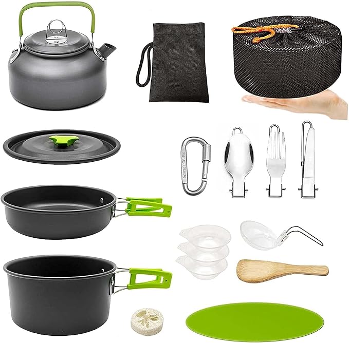 Camping Pans and Pots Kit, Portable Outdoor Cookware, Tea Kettle Bowl Tableware Set with Mesh for Trekking, Hiking, Backpacking, Picnic, for 2-3 Person (Cookware Set)