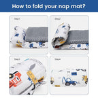 PHF Toddler Nap Mat with Removable Pillow and Minky Fleece Blanket, Rollup Design Warm Slumber Bags for Boys, 52"x20" Kids Sleeping Bag for Daycare Preschool Travel Camping, Truck and Digger