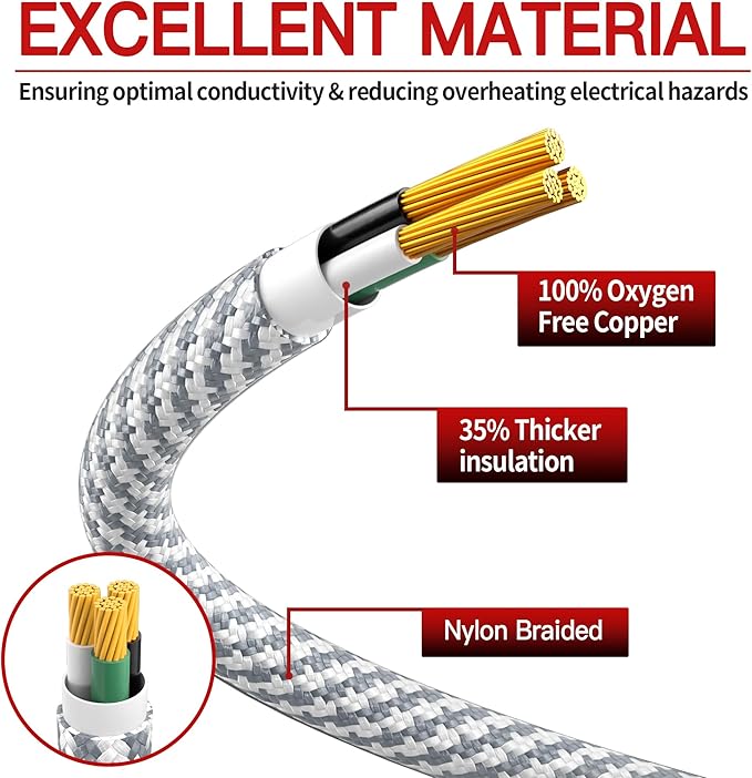 16/3 Flat Plug Braided Extension Cord 6 FT, Indoor 3 Prong Grounded Low Profile Extension Wire Flexible, Suitable for Home and Office, 13 Amp 1625 Watt 125VAC 16AWG, ETL Listed