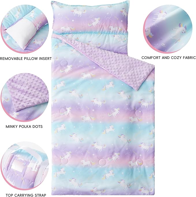 Bunnikins & Clover Toddler Nap Mat with Removable Pillow, Nap Mats for Preschool, Easy Clean Toddler Nap Pad for Kindergarten, Kids Sleeping Bag for Travel Camping