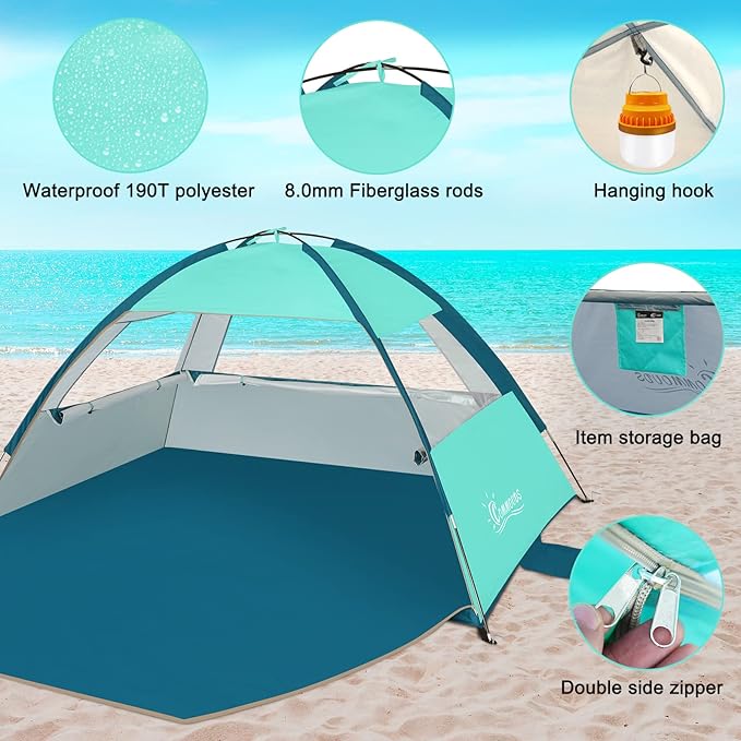 COMMOUDS Beach Tent Sun Shade for 3/4/6/8 Person, UPF 50+ Beach Sun Shelter Canopy Tent, Lightweight, Easy Set Up and Carry