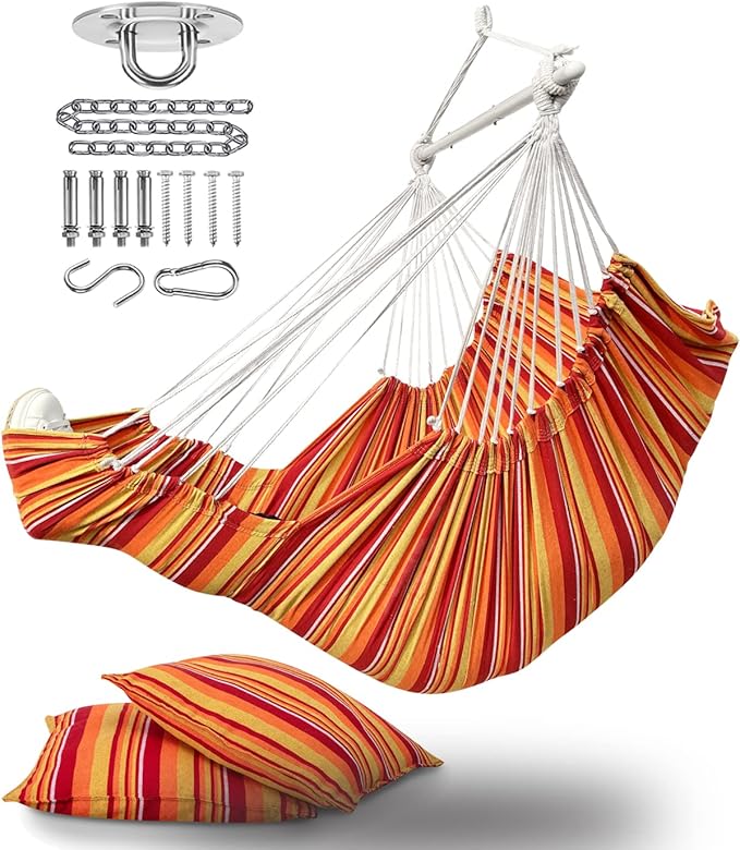 ADVOKAIR Hanging Hammock Chair Large Swing Chair with Foot Rest and Hardware,Max 500lbs,Steel Spread Bar with Anti Slips, 2 Cushions and Side Pocket,Indoor/Outdoor Use…