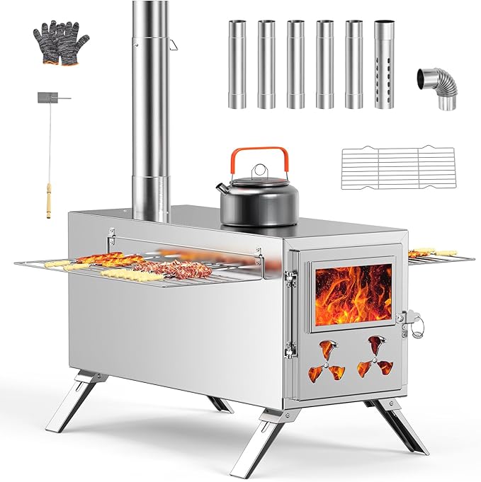 Upgraded Wood Stove, Hot Tent Stove Camping Portable Stainless Steel Wood Burning Stove with 7 Chimney Pipes for Wall Tent Camping, Hunting, Heating, Cooking, Ice Fishing, Boiling Water - Large