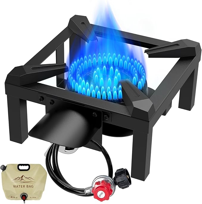BESTFIRE Propane Burner, 100,000 BTUs High Pressure Single Propane Stove - Heat Shield and Guard, 4.1ft Adjustable Hose with Regulator, Gas Stove for Outdoor Cooking, Turkey Fry, Seafood Boil