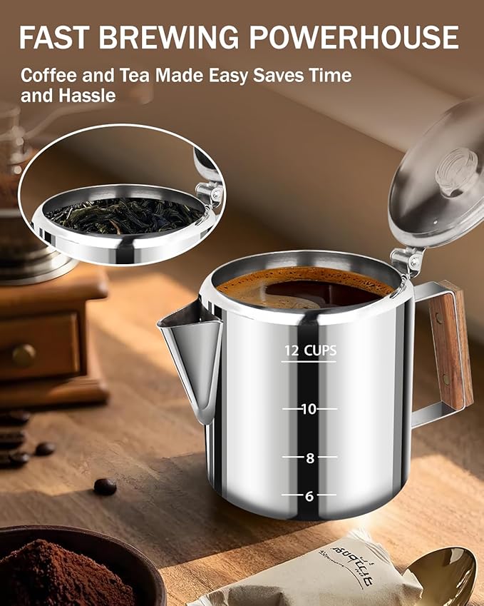Coffee Maker Coffee Percolator 304 Stainless Steel Pot Stovetop Easy Brewing Even Heating 12 Cup 74.4oz 2200ml Silver Classic Design Heat Resistant Home Camping Outdoor