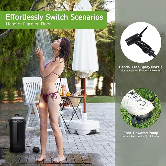 Aircity Portable Solar Camping Shower Bag with Foot Pump & Upgraded Leak-Proof Design – 20L/5-Gallon Outdoor Shower for Beach, Hiking, Travel | Lightweight, Large Water Inlet, Carry Bag