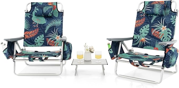 Giantex Folding Beach Chair, Patio Sling Chairs with 5 Adjustable Position, Head Pillow, Storage Bag, Towel Bar, Cup Holders, Backpack Chairs for Sunbathing, Camping Chair