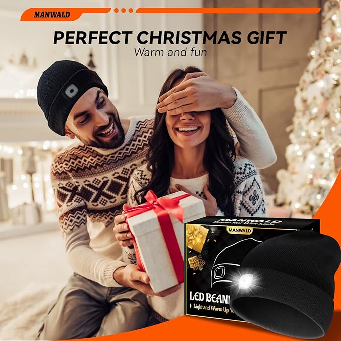 LED Beanie Hat with Light, USB Rechargeable LED Headlamp, Gifts for Men, Mens Gifts, Birthday Gifts for Women Him Dad Husband, Boyfriends, Black, 2PCS