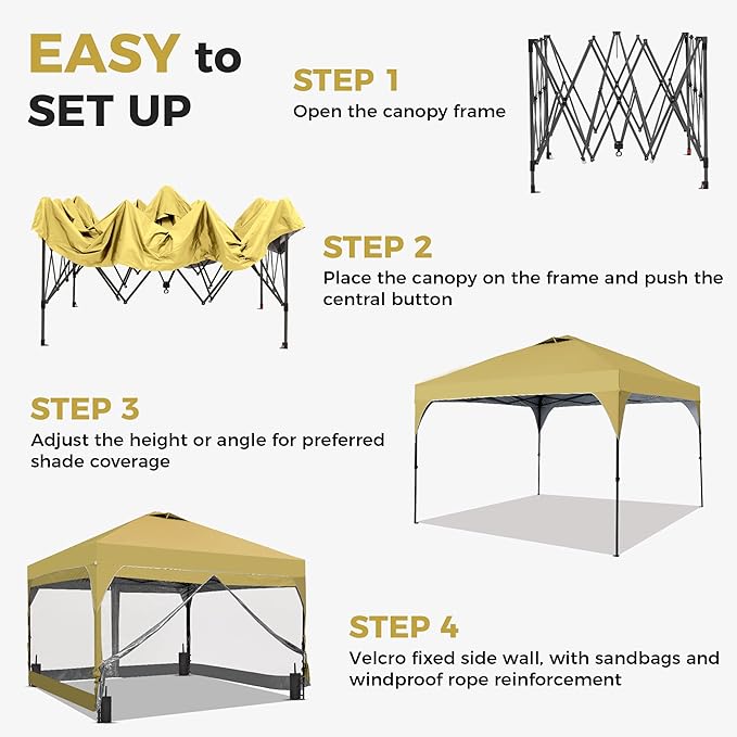 GDY 12x12 FT Pop Up Canopy Tent with One Push Setup,Setup Gazebo with 4 PVC Transparent Sidewalls,Easy Carry for Events, Parties, Camping, Khaki