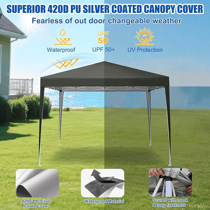 Yesker 10x10 Pop Up Canopy Tent UPF 50+ Waterproof Outdoor Canopy Portable Folding Easy Setup Gazebo Adjustable Height Instant Sun Shade Tent with Wheeled Bag for Events Parties Camping Patio, Gray