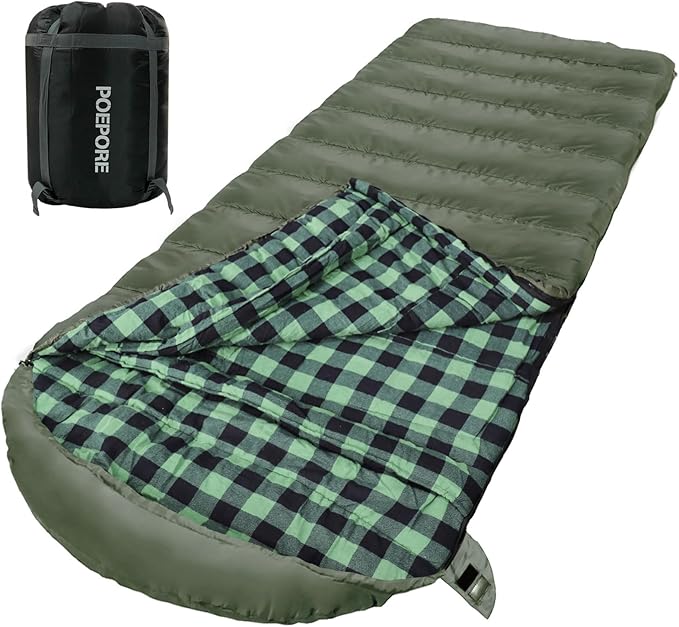 0 Degree Sleeping Bag 100% Cotton Flannel XXL Cold Weather Winter Oversized Sleeping Bag for Adults Camping Zero Degree Big and Tall with Compression Sack
