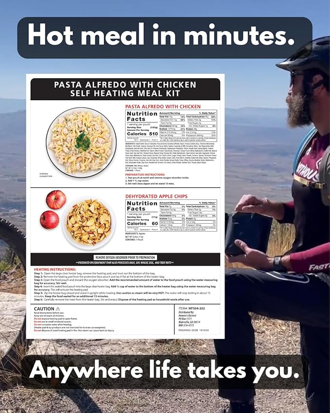 Heaven's Harvest Self-Heating Emergency Meal Kit (10 Year Shelf Life) — Tastier than MRE Meals & Ready-To-Eat in Minutes! Just add water to activate the “cooking” process. (Pasta Alfredo) (12-Pack)