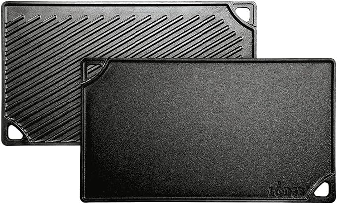 Lodge Double Play Reversible Cast Iron Grill/Griddle - Dual-Sided with Double Burner Configuration for Eggs, Pancakes, Burgers & More - Seasoned, Non-Toxic Cookware - Heavy-Duty Grill Pan - Black