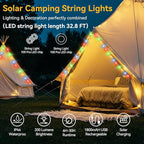 40FT Solar Camping String Lights, Rechargeable String Lights with 8 Modes, Waterproof Outdoor Lights with Delay Closure, Retractable Design & Hooks for Outdoor Patio Awning Garden Party Essentials