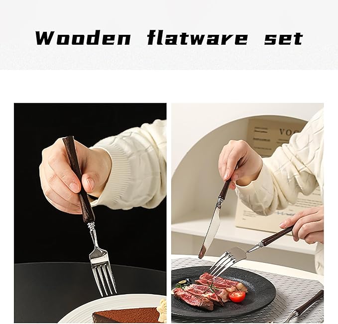 40pcs wooden silverware set, food-grade stainless steel flatware service for 8,Premium 18/8 (304) Stainless Steel Cutlery Set, Forks Spoons and Knives Set for Home/Camping/Travel, Mirror Finish