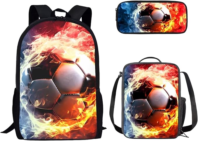 3PCS Football Fire Print Kids School Bag Set, Waterproof Daypack Knapsack Insulated Lunch Tote Bag Pen Case Organizer for Hiking