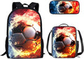 3PCS Football Fire Print Kids School Bag Set, Waterproof Daypack Knapsack Insulated Lunch Tote Bag Pen Case Organizer for Hiking