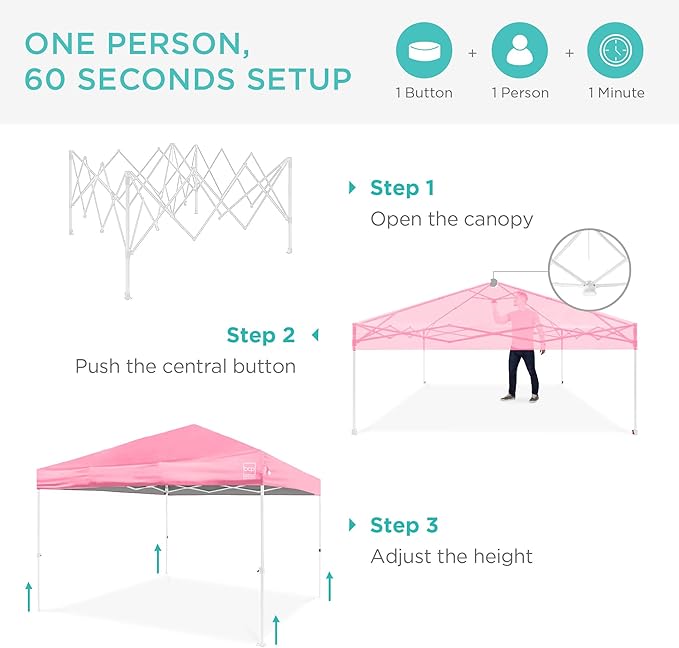 Best Choice Products 10x10ft Pop Up Canopy Tent, Outdoor Shade, 1 Person 1 Minute Set Up, Carry Case, 4 Weight Bags - Pink/White