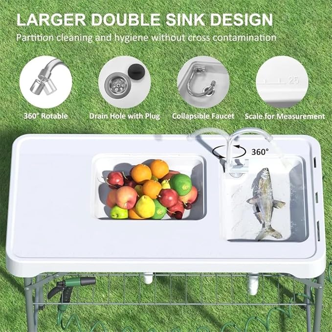 Garvee Fish Cleaning Table with Dual Sink, Portable Folding Camping Table with Foldable Faucet, Sprayer, Grid Rack & Foldable Storage Box, Outdoor Sink Station for Picnic Beach Patio