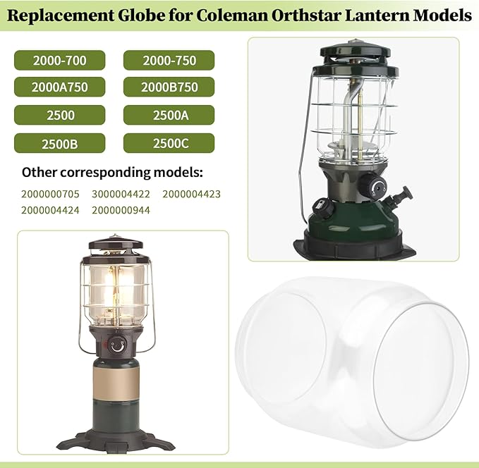 Clear Lantern Globe Compatible with Coleman Northstar Lanterns 2000/2500 2000-043C (Transparent)– Includes 2 Lantern Mantles