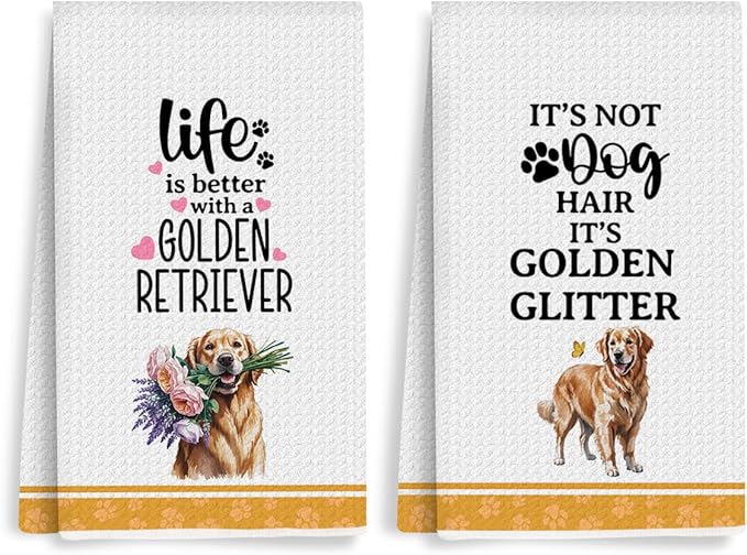 2Pcs Funny Dog Kitchen Towels 24x14 Inch, Cute Golden Retriever Waffle Weave Dish Towels for Kitchen Home, White Absorbent Microfiber Hand Tea Towel, Golden Retriever Gifts for Women Dog Lovers 2