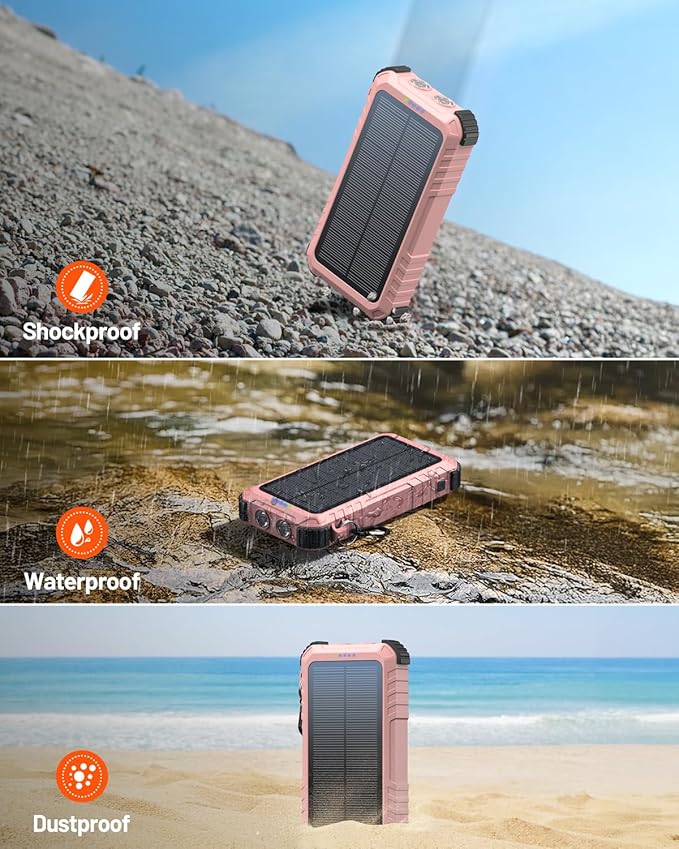 Power-Bank-Solar-Charger 45800mAh Fast Charging with 3 Built-in Cables LED Flashlight Portable External Battery Pack Compatible with All Smartphone, Tablet, Drone, Camera, etc.