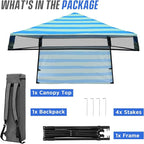EAGLE PEAK 8x8 Pop Up Canopy Tent with Sidewall, Compact, Portable Slant Leg Instant Sun Shelter for Beach, Sports, & Camping, 8x8 Base 6x6 Top, Green Blue Stripe
