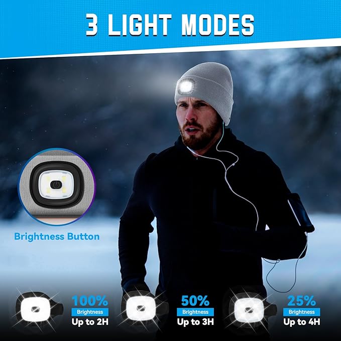 Valentines Day Gifts for Him, Beanie Hats with Light, USB Rechargeable LED Hand Free Headlamp, Birthday Gifts for Men, Women, and Teens, Ideal for Camping, Hiking, 2 Pack, Grey