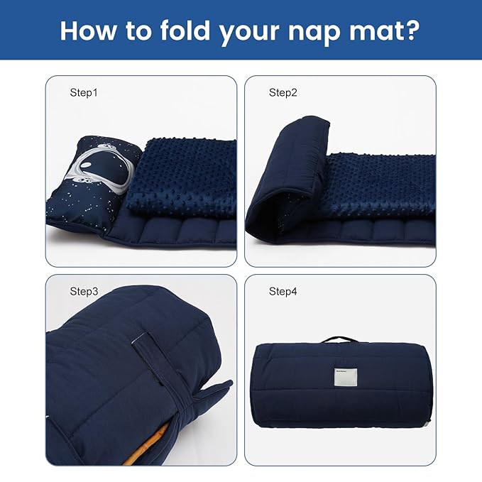 PHF Toddler Nap Mat with Removable Pillow and Minky Fleece Blanket, Rollup Design Warm Slumber Bags for Boys Girls, 52"x20"x2" Kids Sleeping Bag for Daycare Preschool Travel Camping, Astronaut