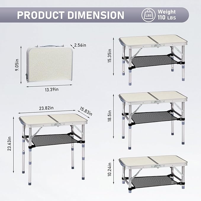 VINGLI Small Folding Table Portable 2FT Aluminum Foldable Camping Table for Picnic Card Table with 3 Adjustable Height & Carry Handle for Outdoor Indoor Hiking Camp BBQ Beach-White